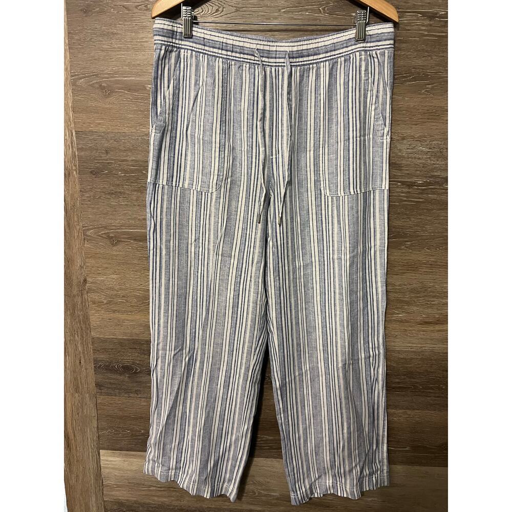 Gap linen blend pants size Large flare stripped blue white string flowy summer